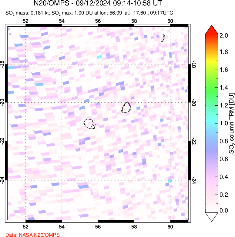 A sulfur dioxide image over Reunion Island, Indian Ocean on Sep 12, 2024.