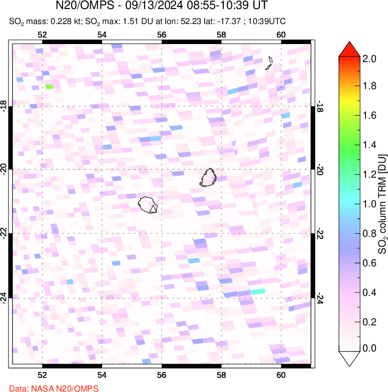 A sulfur dioxide image over Reunion Island, Indian Ocean on Sep 13, 2024.