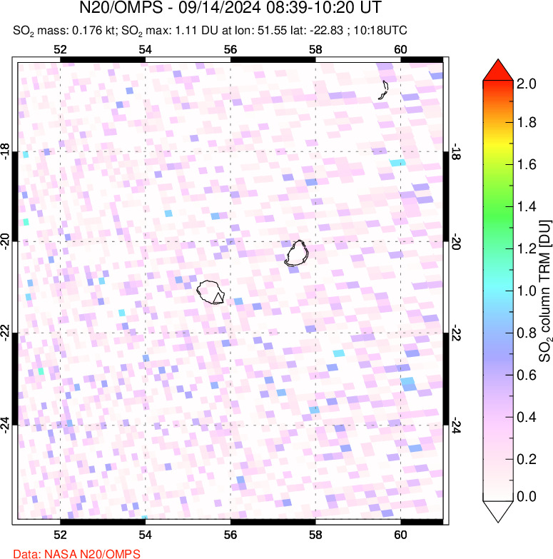 A sulfur dioxide image over Reunion Island, Indian Ocean on Sep 14, 2024.