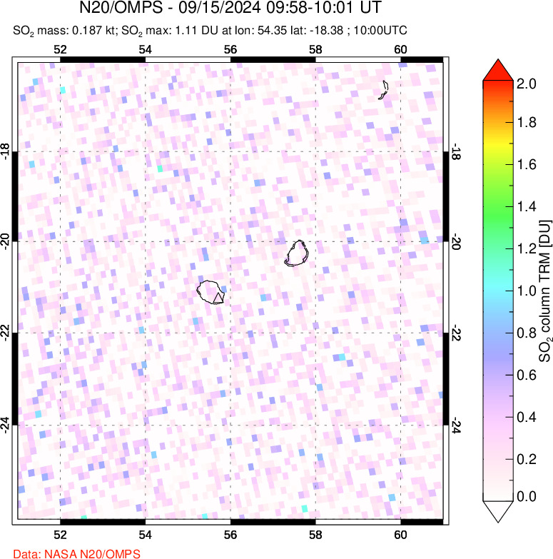 A sulfur dioxide image over Reunion Island, Indian Ocean on Sep 15, 2024.