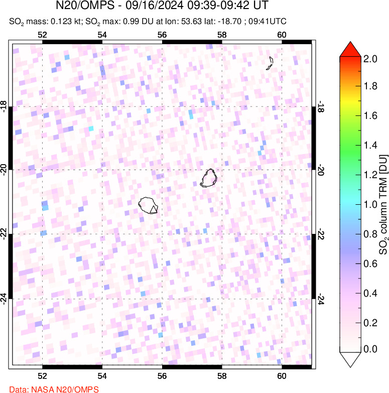 A sulfur dioxide image over Reunion Island, Indian Ocean on Sep 16, 2024.