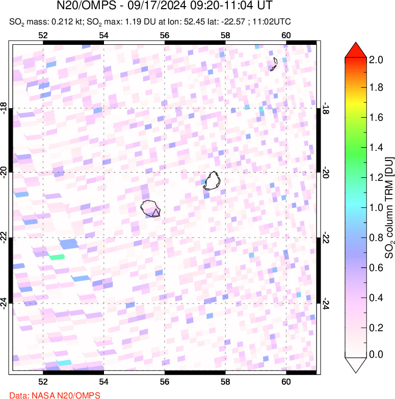 A sulfur dioxide image over Reunion Island, Indian Ocean on Sep 17, 2024.