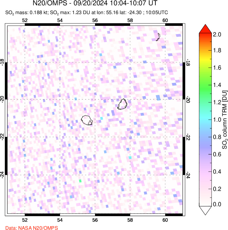 A sulfur dioxide image over Reunion Island, Indian Ocean on Sep 20, 2024.