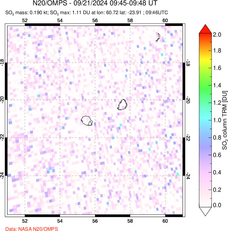 A sulfur dioxide image over Reunion Island, Indian Ocean on Sep 21, 2024.