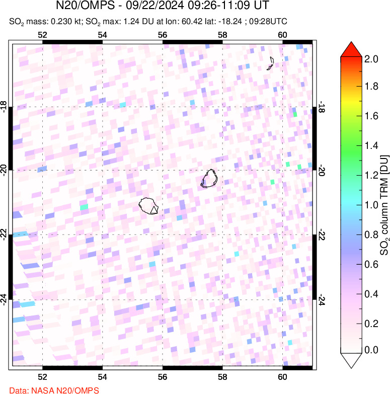 A sulfur dioxide image over Reunion Island, Indian Ocean on Sep 22, 2024.