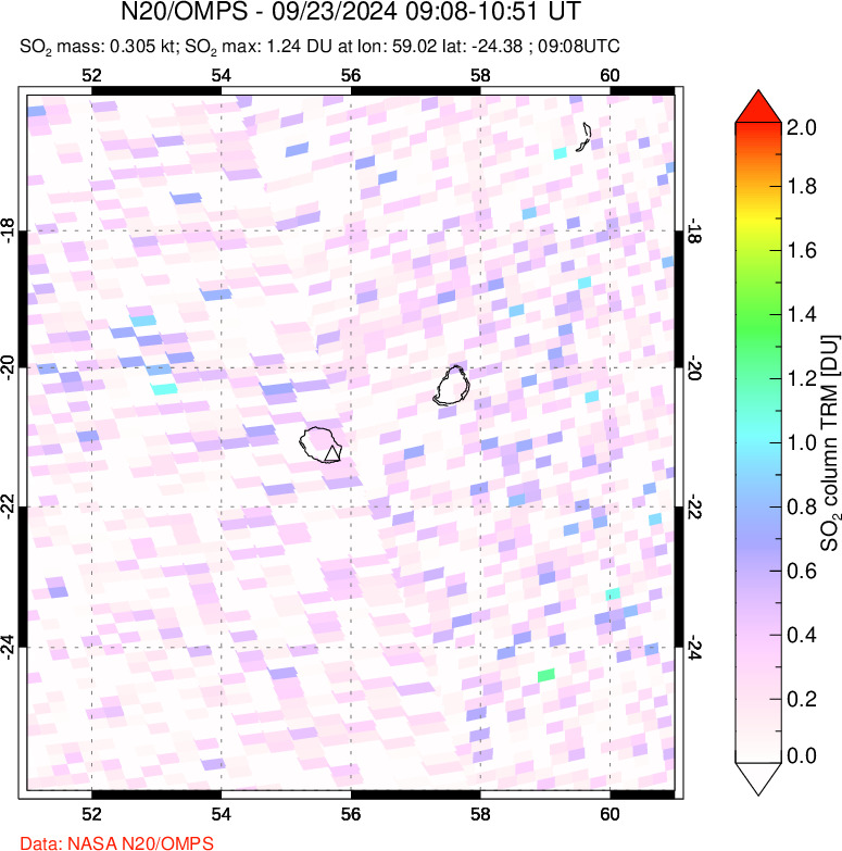 A sulfur dioxide image over Reunion Island, Indian Ocean on Sep 23, 2024.