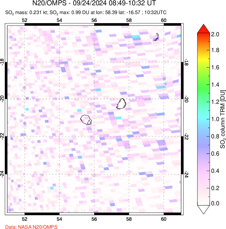 A sulfur dioxide image over Reunion Island, Indian Ocean on Sep 24, 2024.