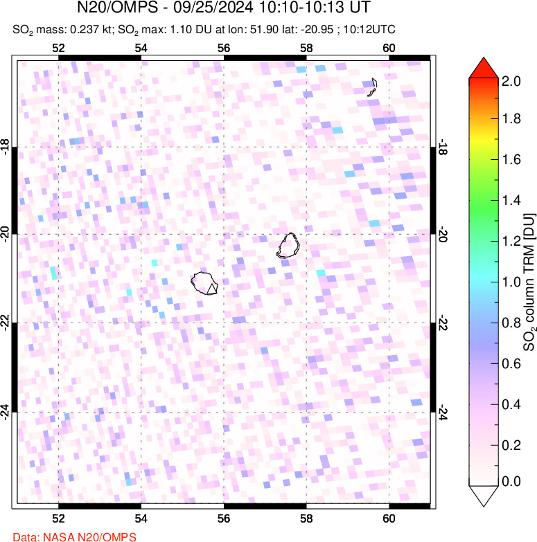 A sulfur dioxide image over Reunion Island, Indian Ocean on Sep 25, 2024.