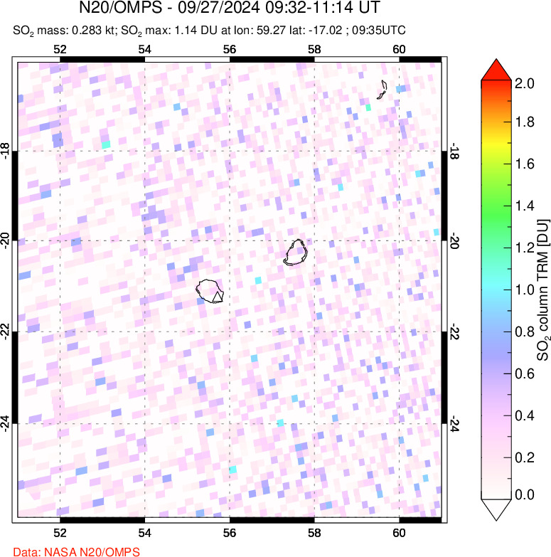 A sulfur dioxide image over Reunion Island, Indian Ocean on Sep 27, 2024.