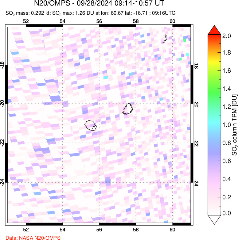 A sulfur dioxide image over Reunion Island, Indian Ocean on Sep 28, 2024.