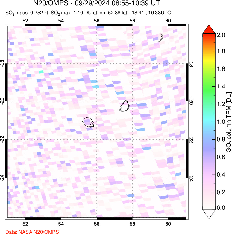 A sulfur dioxide image over Reunion Island, Indian Ocean on Sep 29, 2024.