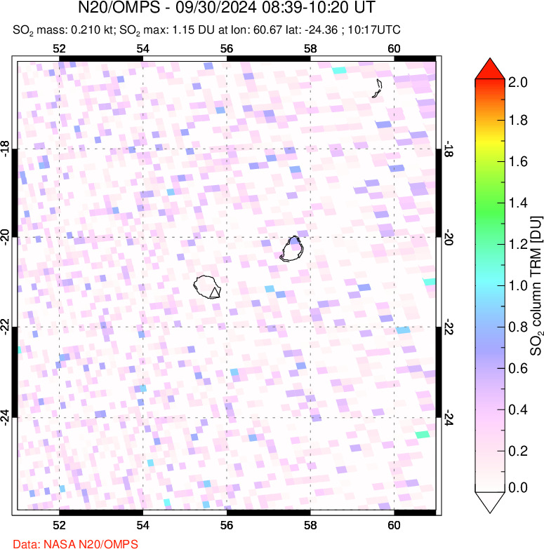 A sulfur dioxide image over Reunion Island, Indian Ocean on Sep 30, 2024.