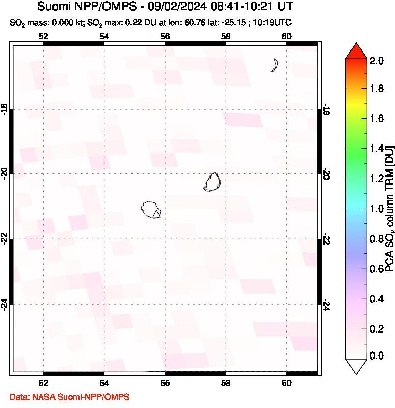 A sulfur dioxide image over Reunion Island, Indian Ocean on Sep 02, 2024.