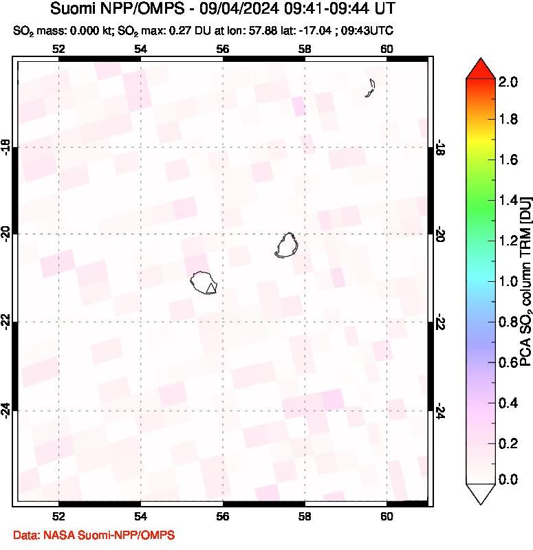 A sulfur dioxide image over Reunion Island, Indian Ocean on Sep 04, 2024.