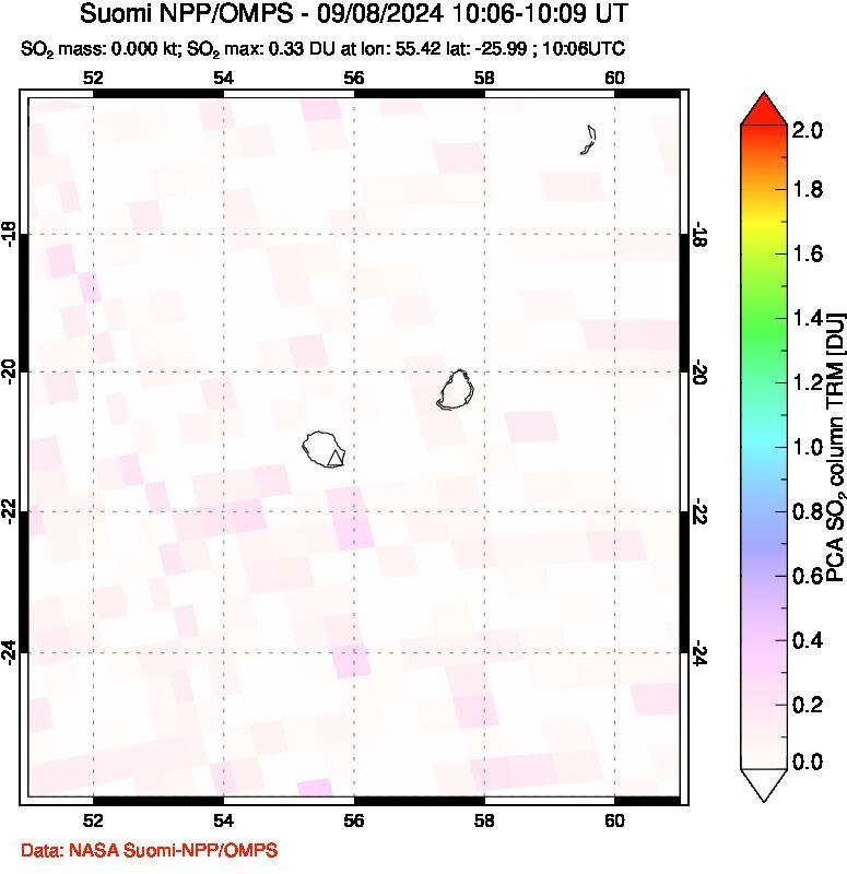 A sulfur dioxide image over Reunion Island, Indian Ocean on Sep 08, 2024.