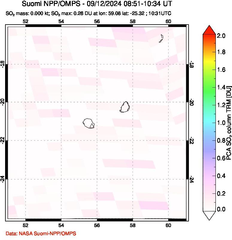 A sulfur dioxide image over Reunion Island, Indian Ocean on Sep 12, 2024.