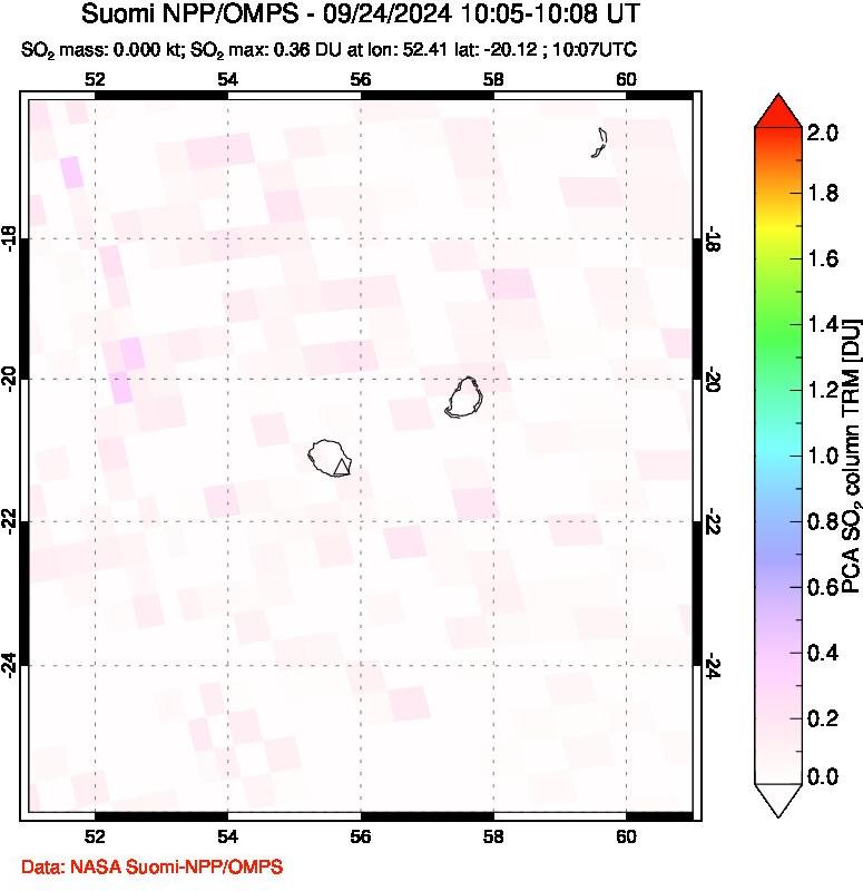 A sulfur dioxide image over Reunion Island, Indian Ocean on Sep 24, 2024.