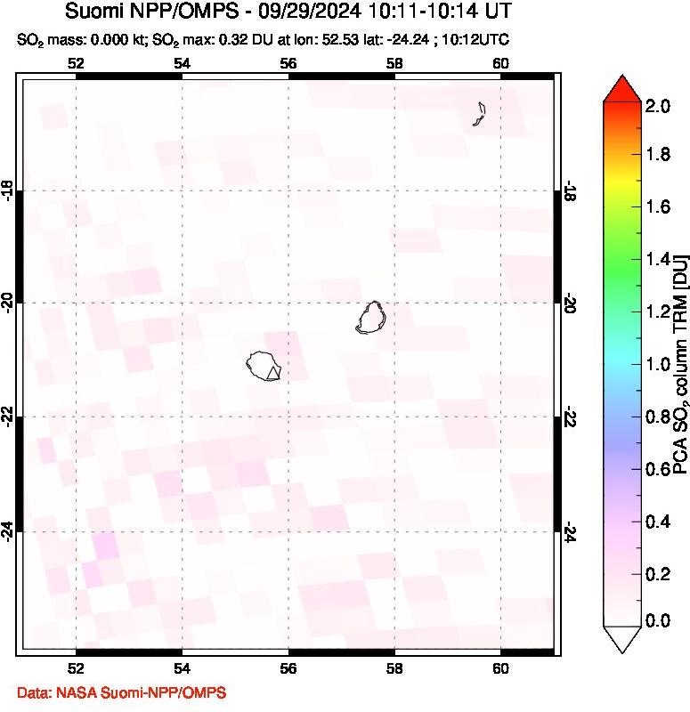 A sulfur dioxide image over Reunion Island, Indian Ocean on Sep 29, 2024.