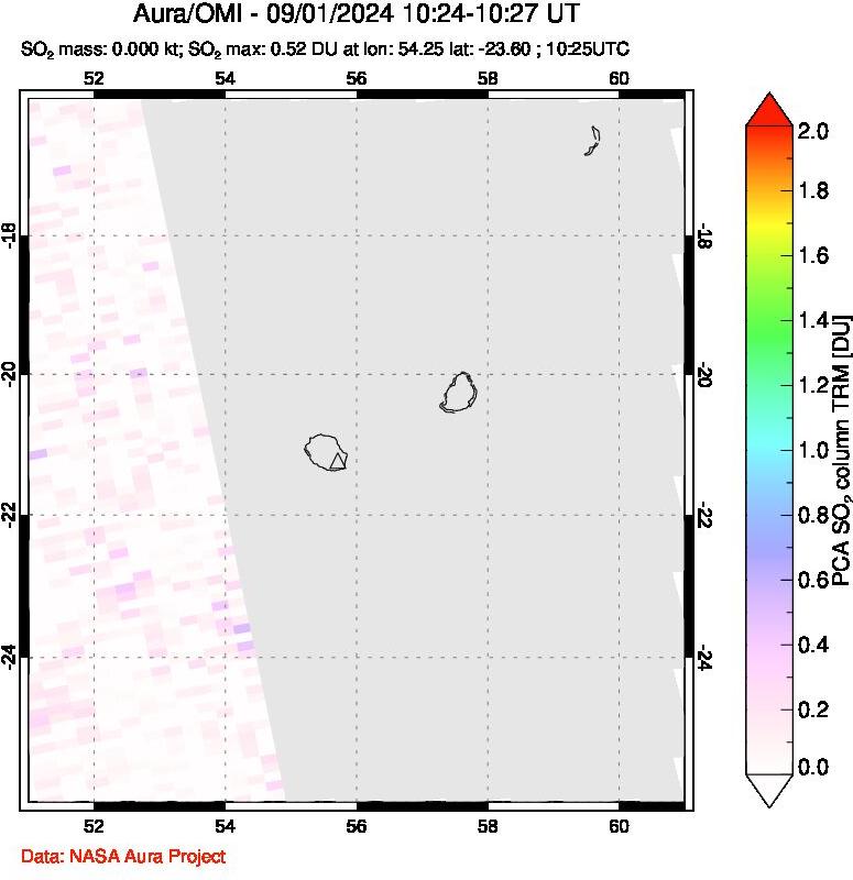 A sulfur dioxide image over Reunion Island, Indian Ocean on Sep 01, 2024.