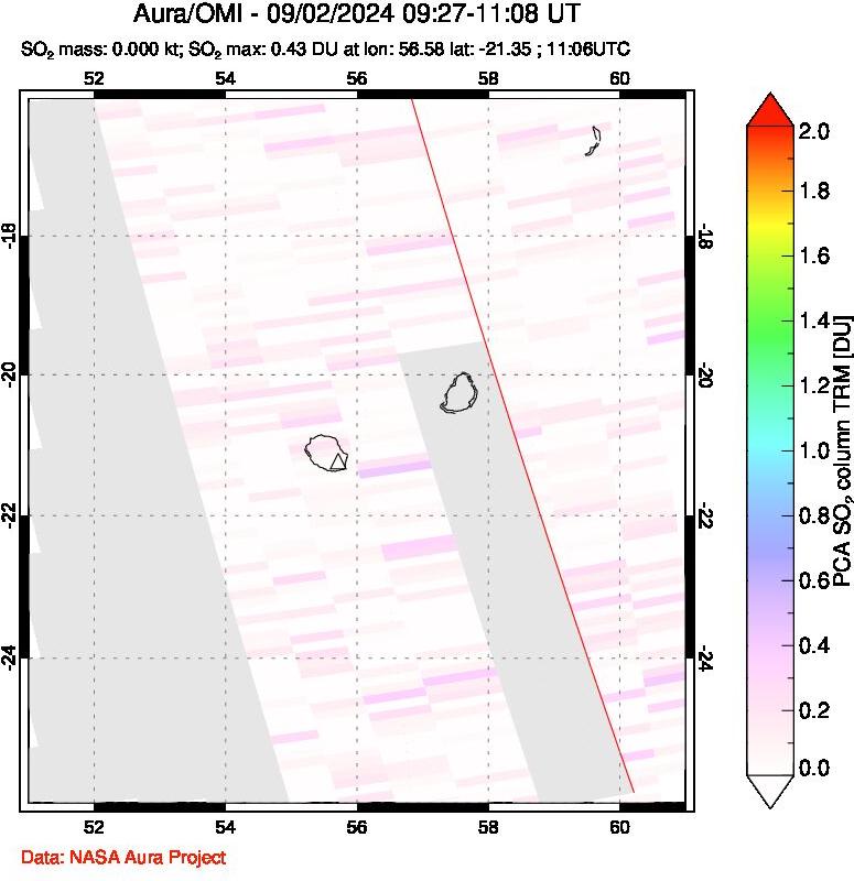 A sulfur dioxide image over Reunion Island, Indian Ocean on Sep 02, 2024.