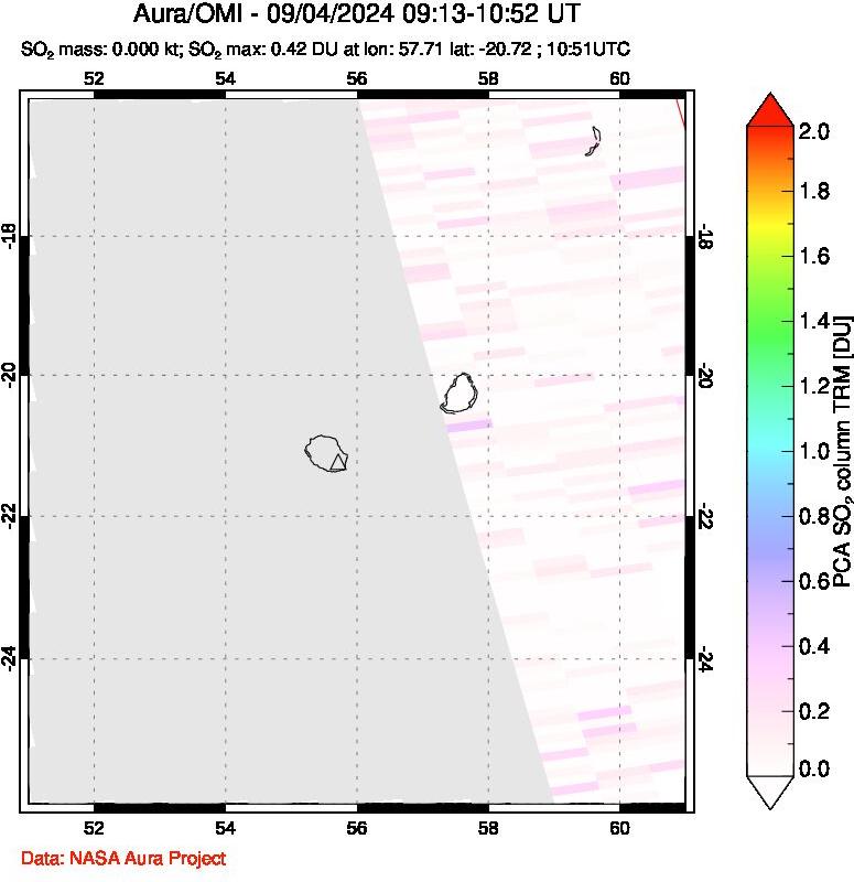 A sulfur dioxide image over Reunion Island, Indian Ocean on Sep 04, 2024.