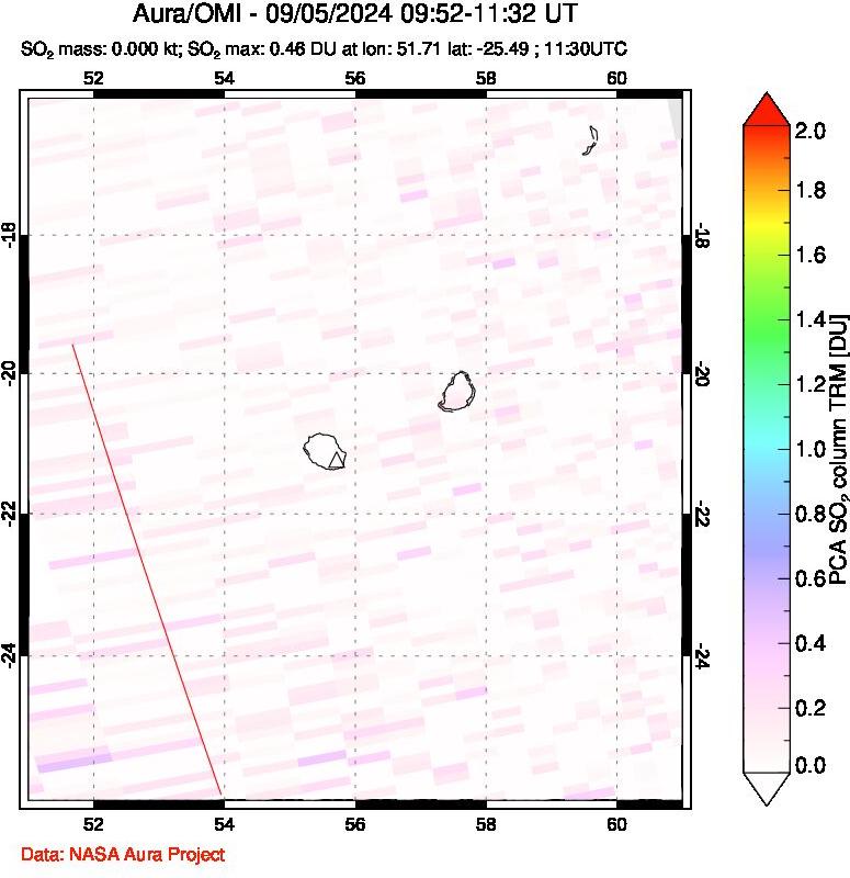 A sulfur dioxide image over Reunion Island, Indian Ocean on Sep 05, 2024.