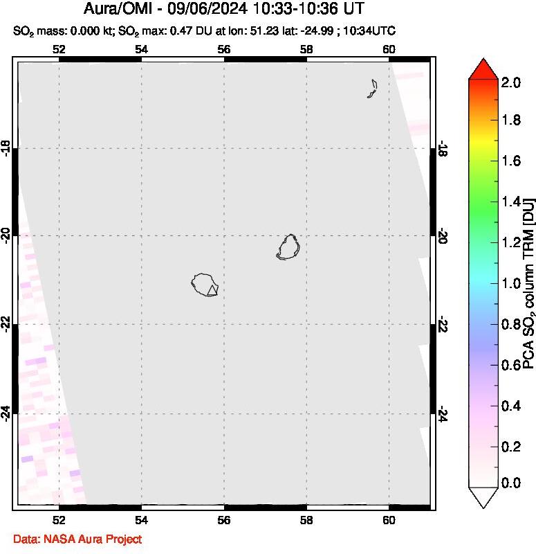 A sulfur dioxide image over Reunion Island, Indian Ocean on Sep 06, 2024.