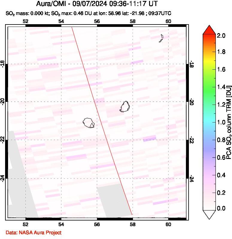 A sulfur dioxide image over Reunion Island, Indian Ocean on Sep 07, 2024.