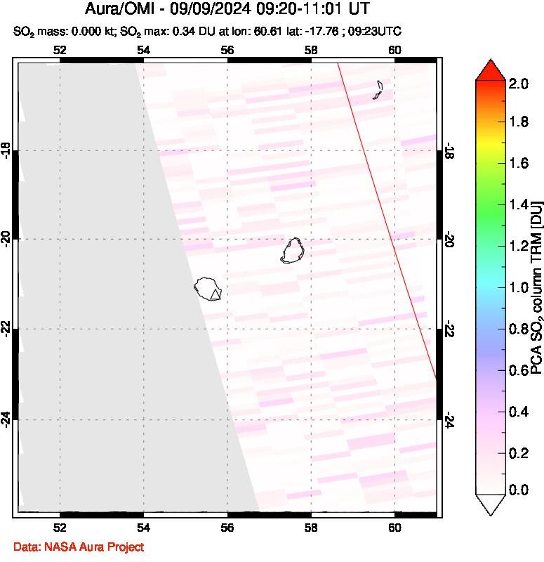 A sulfur dioxide image over Reunion Island, Indian Ocean on Sep 09, 2024.