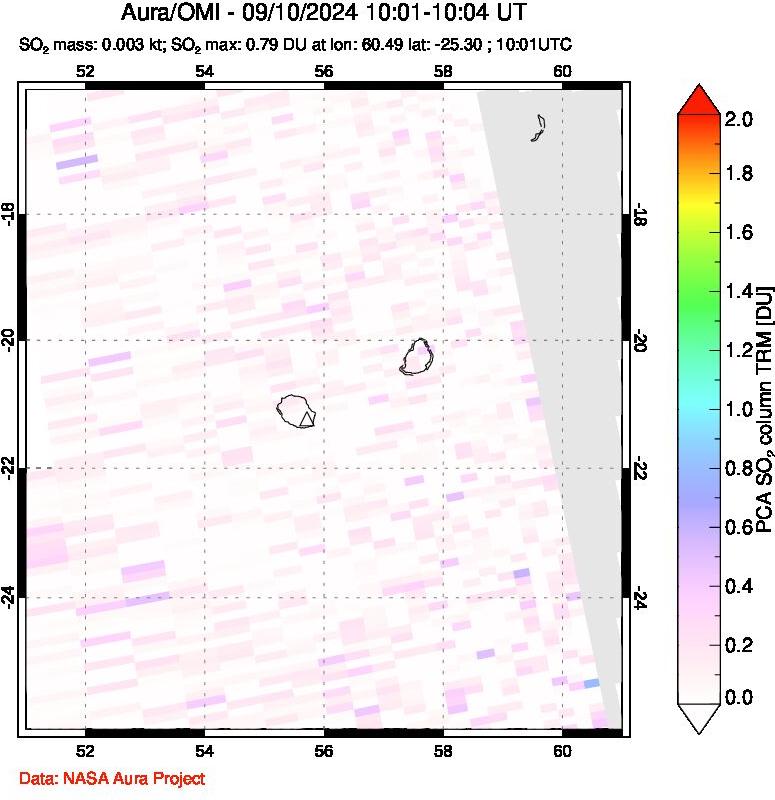 A sulfur dioxide image over Reunion Island, Indian Ocean on Sep 10, 2024.