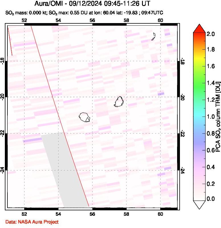 A sulfur dioxide image over Reunion Island, Indian Ocean on Sep 12, 2024.