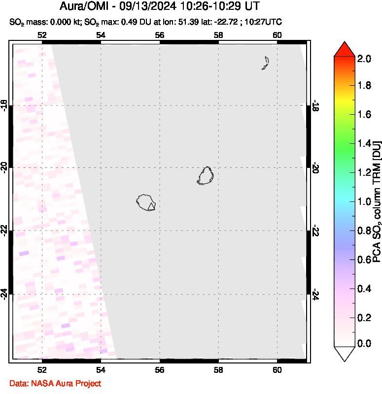 A sulfur dioxide image over Reunion Island, Indian Ocean on Sep 13, 2024.