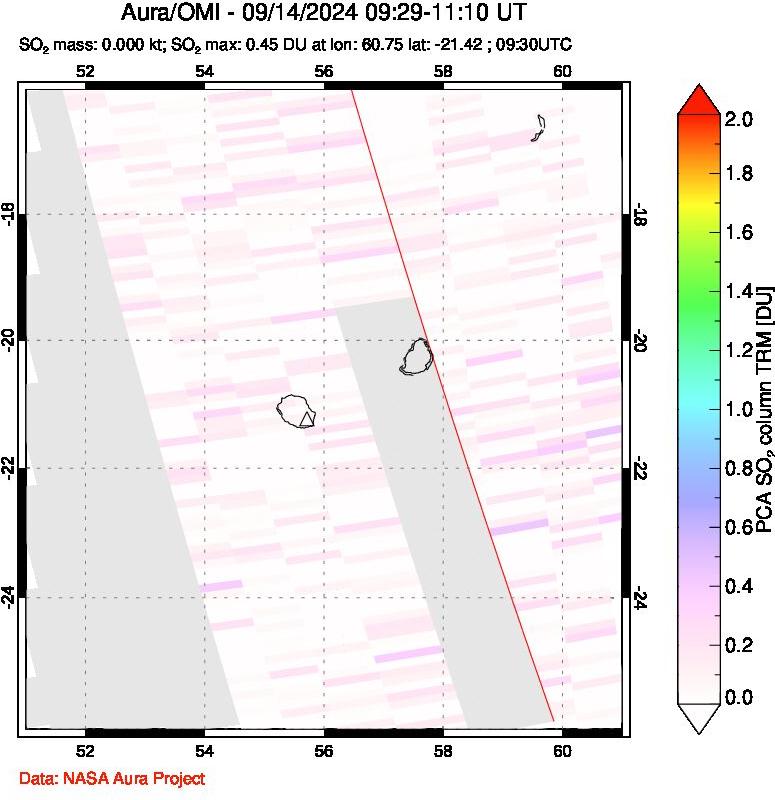 A sulfur dioxide image over Reunion Island, Indian Ocean on Sep 14, 2024.