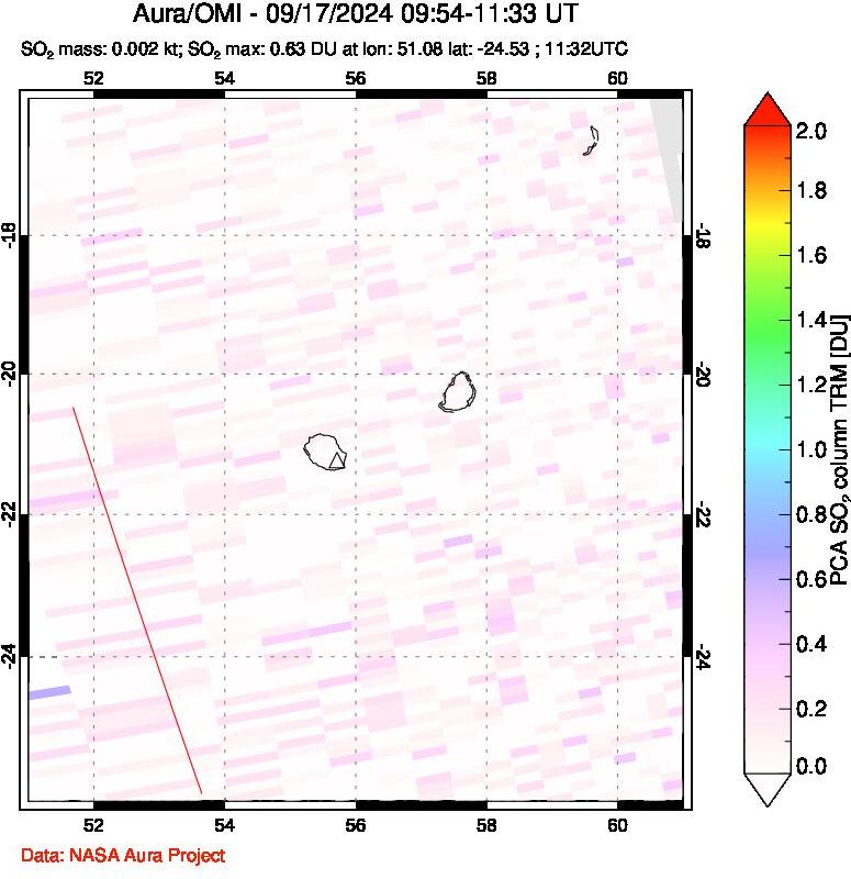 A sulfur dioxide image over Reunion Island, Indian Ocean on Sep 17, 2024.