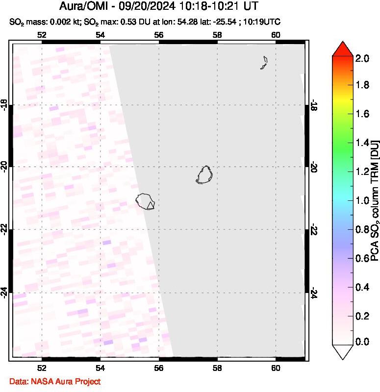 A sulfur dioxide image over Reunion Island, Indian Ocean on Sep 20, 2024.