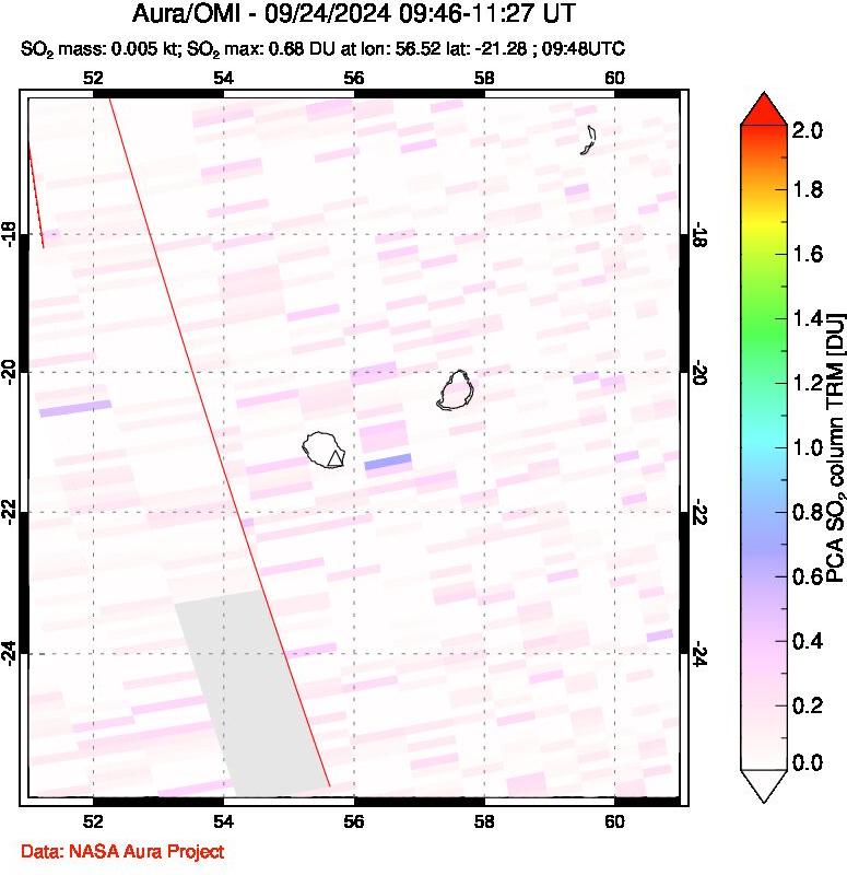 A sulfur dioxide image over Reunion Island, Indian Ocean on Sep 24, 2024.