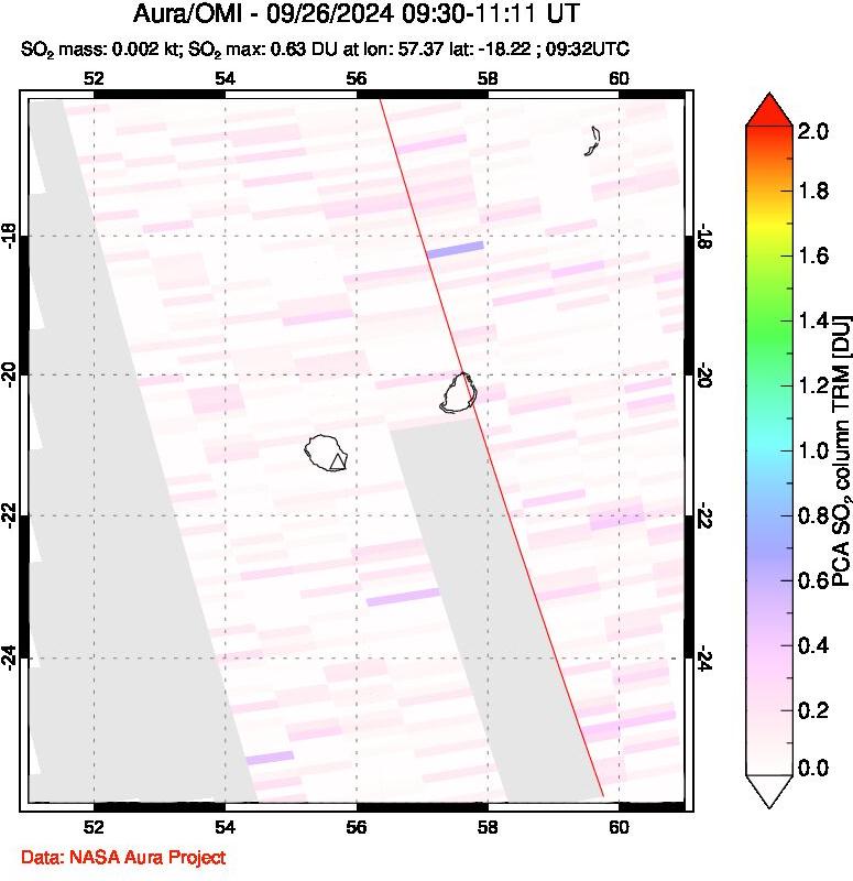 A sulfur dioxide image over Reunion Island, Indian Ocean on Sep 26, 2024.