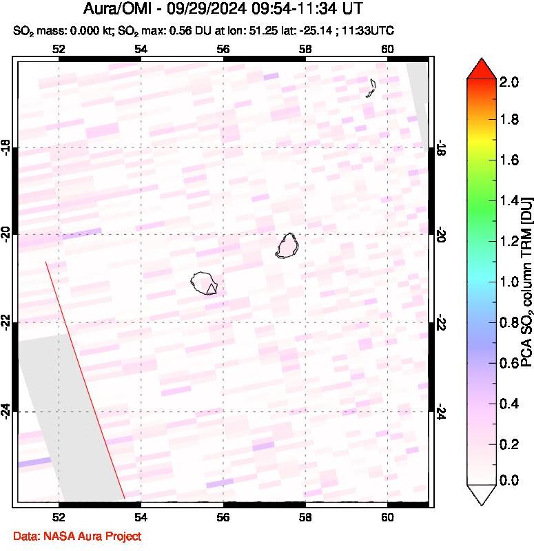 A sulfur dioxide image over Reunion Island, Indian Ocean on Sep 29, 2024.