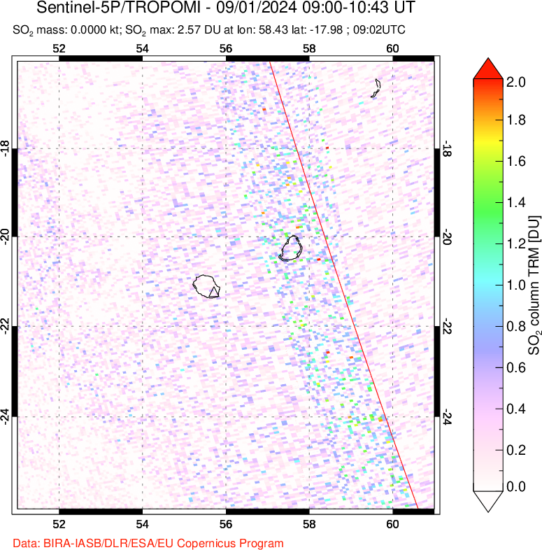 A sulfur dioxide image over Reunion Island, Indian Ocean on Sep 01, 2024.