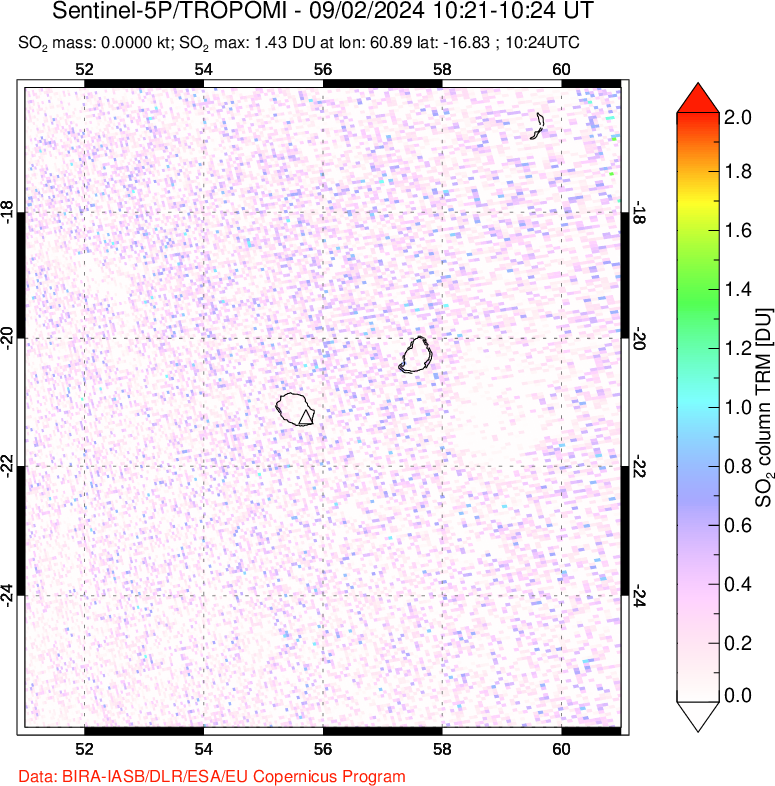 A sulfur dioxide image over Reunion Island, Indian Ocean on Sep 02, 2024.