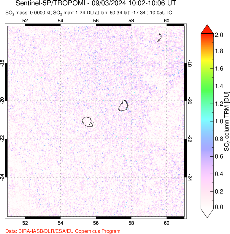 A sulfur dioxide image over Reunion Island, Indian Ocean on Sep 03, 2024.