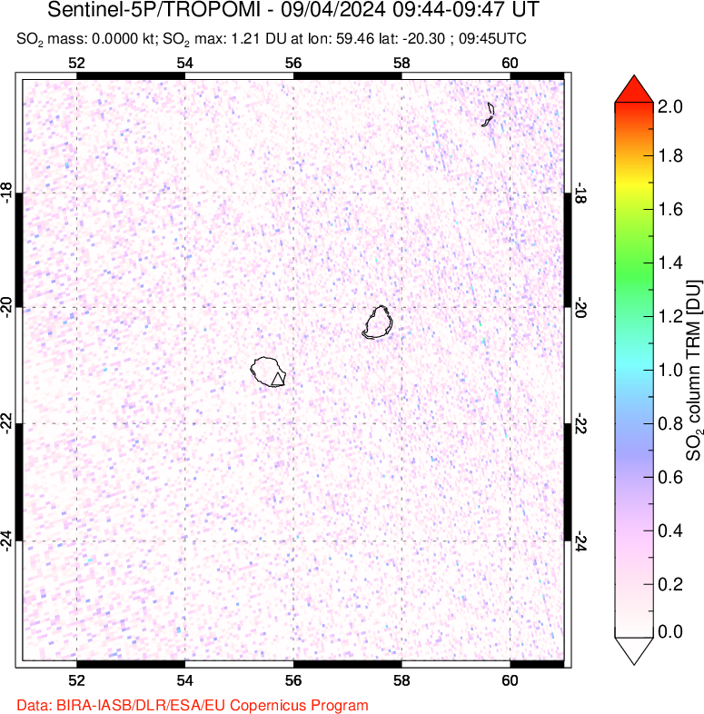 A sulfur dioxide image over Reunion Island, Indian Ocean on Sep 04, 2024.