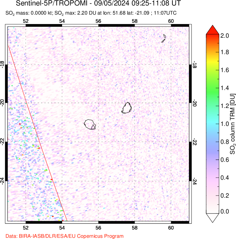 A sulfur dioxide image over Reunion Island, Indian Ocean on Sep 05, 2024.