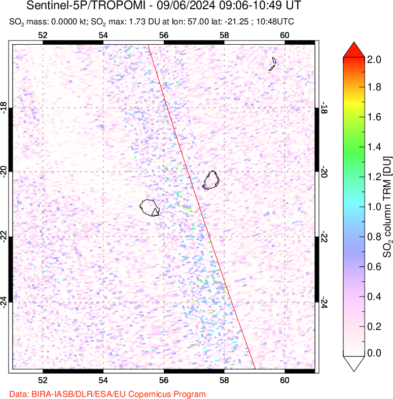 A sulfur dioxide image over Reunion Island, Indian Ocean on Sep 06, 2024.