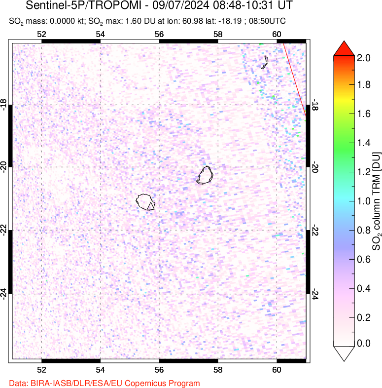 A sulfur dioxide image over Reunion Island, Indian Ocean on Sep 07, 2024.