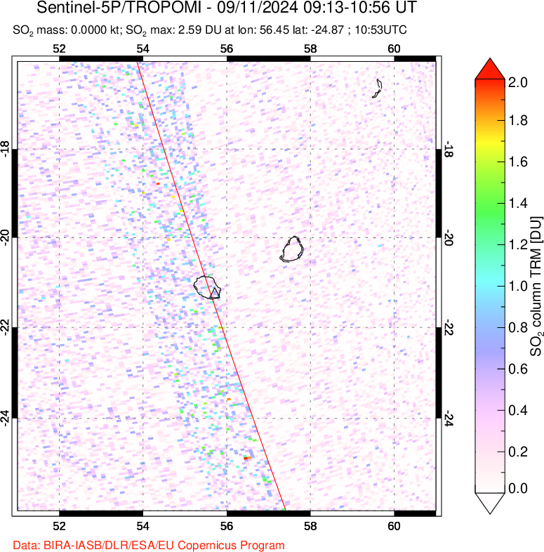 A sulfur dioxide image over Reunion Island, Indian Ocean on Sep 11, 2024.