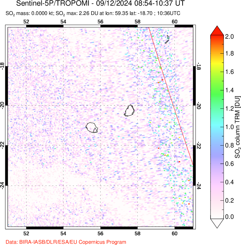 A sulfur dioxide image over Reunion Island, Indian Ocean on Sep 12, 2024.