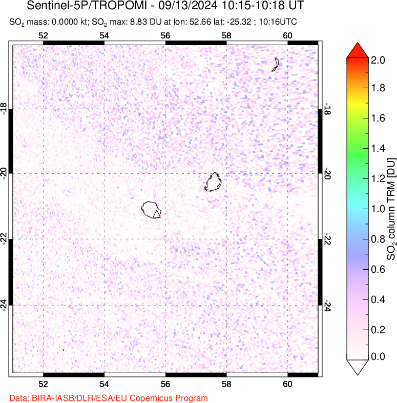 A sulfur dioxide image over Reunion Island, Indian Ocean on Sep 13, 2024.