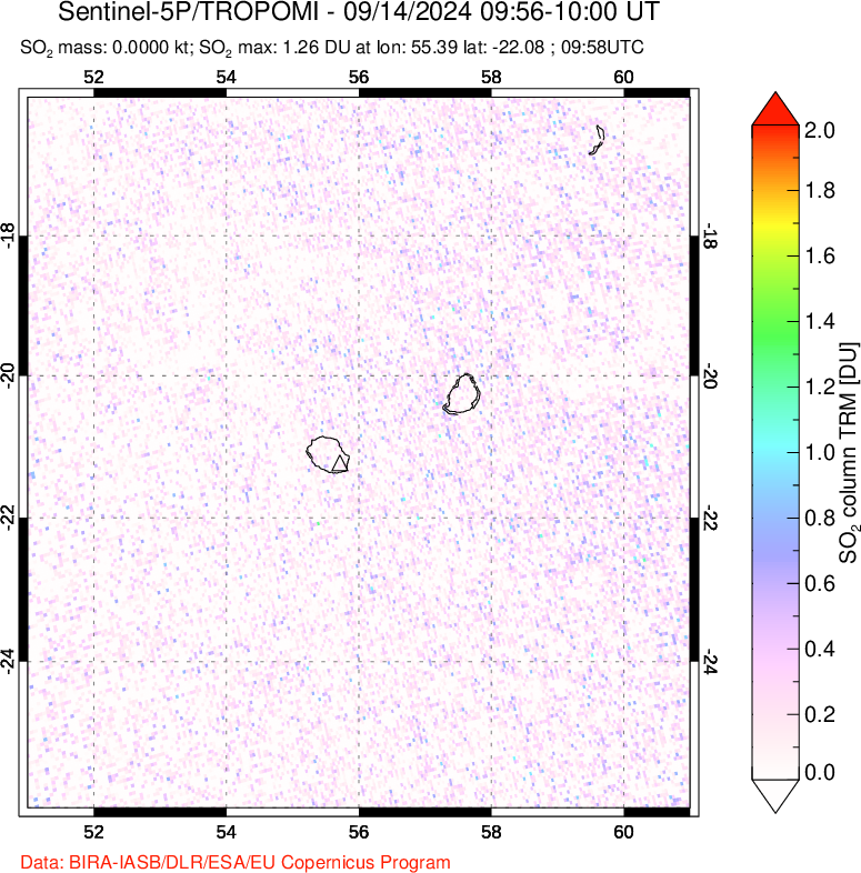 A sulfur dioxide image over Reunion Island, Indian Ocean on Sep 14, 2024.