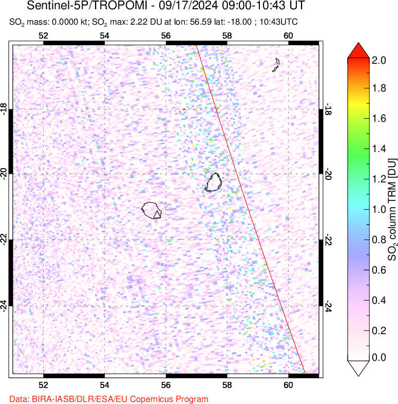 A sulfur dioxide image over Reunion Island, Indian Ocean on Sep 17, 2024.